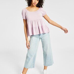 Hippie Rose Juniors Size Medium  Purple Puffed-Sleeve Tiered Babydoll Top NWT